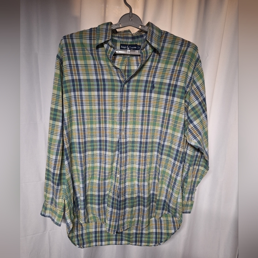 Ralph Lauren Men's Plaid Shirt - Green and Blue
